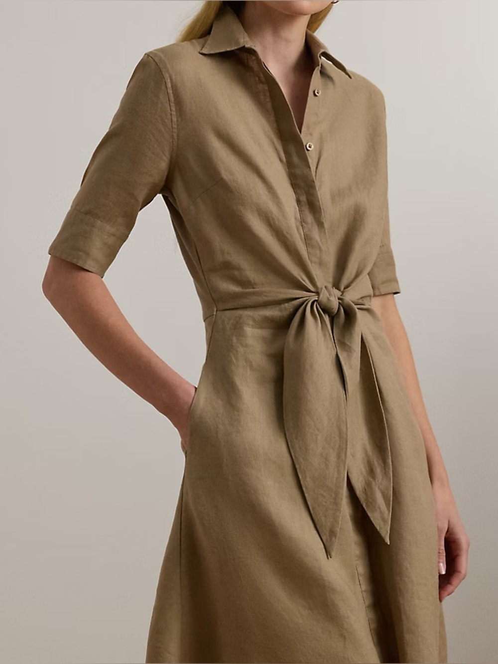 Ralph Lauren Linen Tie-Front Brown/Tan Shirt Dress - Picture 3 of 10